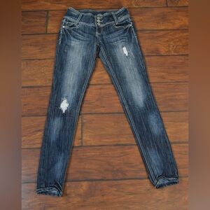 Almost Famous Dark Wash High Rise Skinny Jeans Size 5 Gemstone Accents Juniors